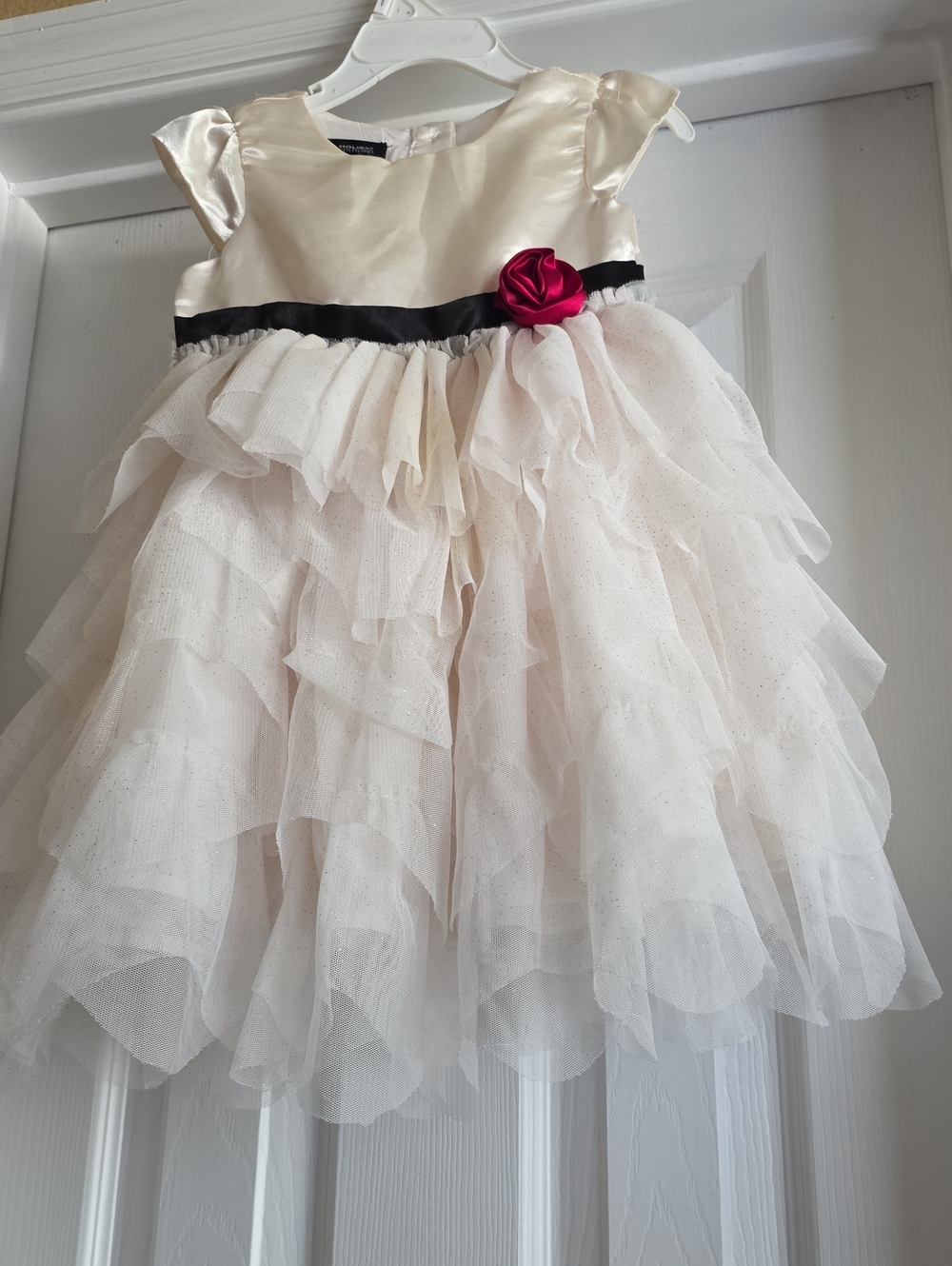 Holiday Edition Ivory Layered Tulle Dress with Black Sash and Fuchsia Rose